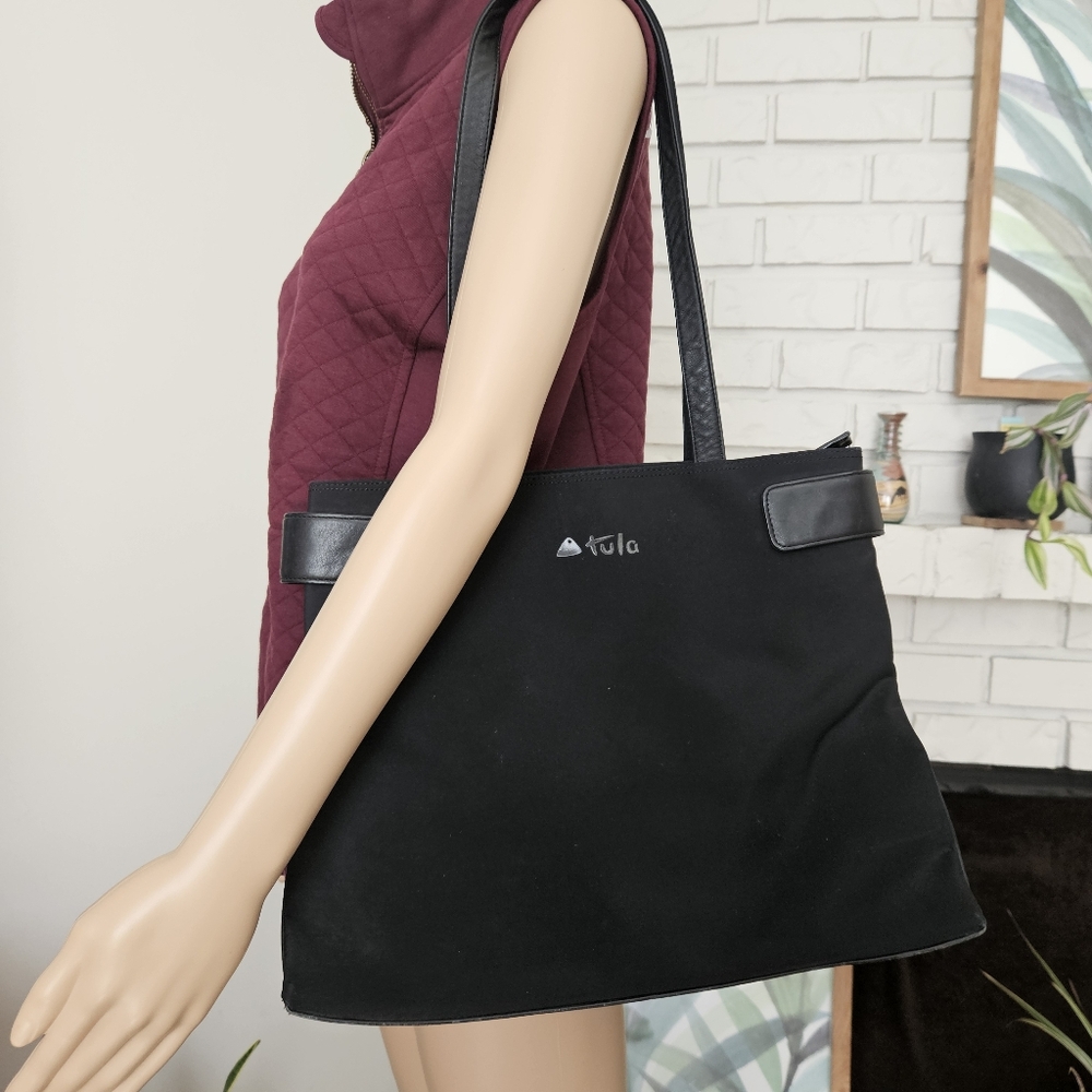 Tula black nylon leather tote bag